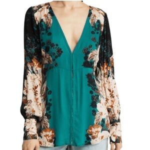 Free People Mikayla Teal Woven Floral Print Plunging V-Neck Bishop Sleeve Sz M
